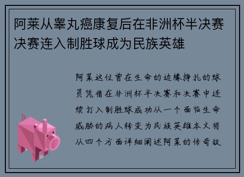 阿莱从睾丸癌康复后在非洲杯半决赛决赛连入制胜球成为民族英雄