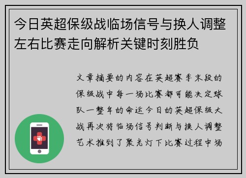 今日英超保级战临场信号与换人调整左右比赛走向解析关键时刻胜负 今日英超保级战临场信号与换人调整左右比赛走向解析关键时刻胜负